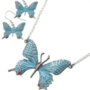 Silver Tone & Blue Butterfly Pendant Necklace Set